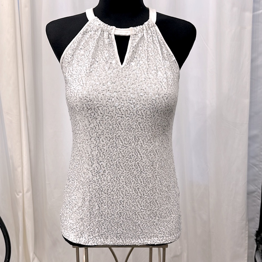 Micro Sequin Halter Top INC International Concepts White / Silver Sequin